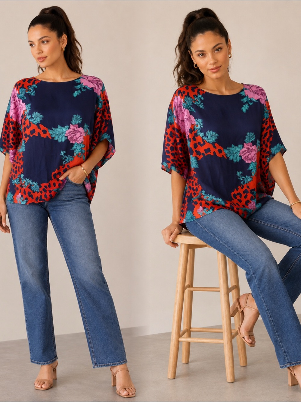IMAN Navy Floral & Red Leopard Print Tunic